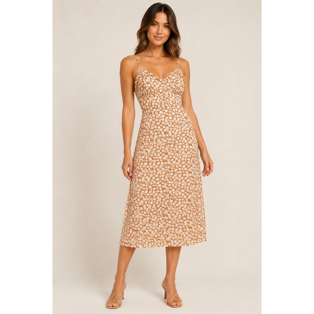 Lulus Stunning Soiree Peach Floral Ruched Midi Dress Size Medium Wedding Guest